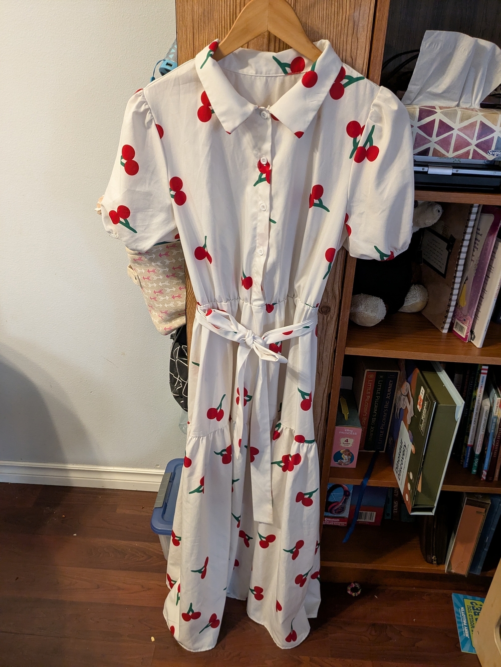 SHEIN White Midi Dress with Red Cherry Print